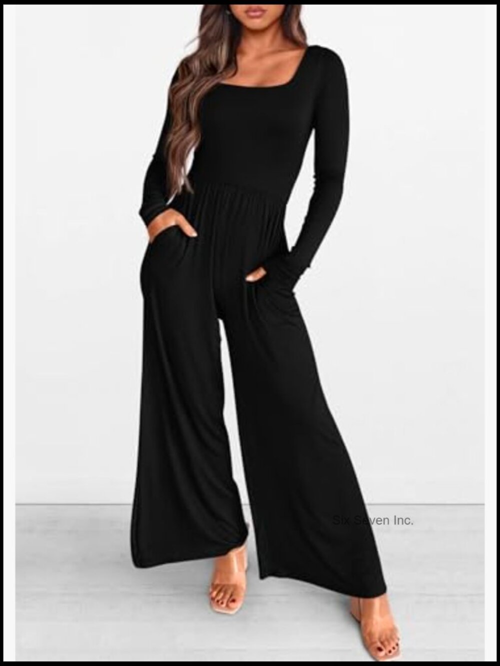 Long Sleeve Jumpsuit for Women Square Neck Wide Leg Pockets Romper - Picture 3 of 7